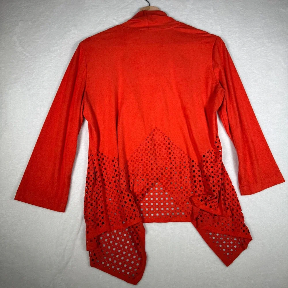 Chicos Travelers Collection Orange‎ Laser Cut Open Front Cardigan Slinky Size S